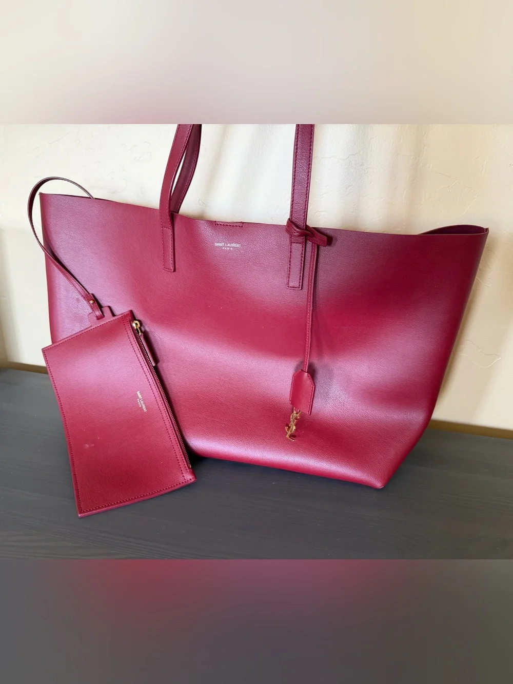 Yves SAINT LAURENT YSL Calfskin Large Shopping Tote Red Burgundy Pre Owned